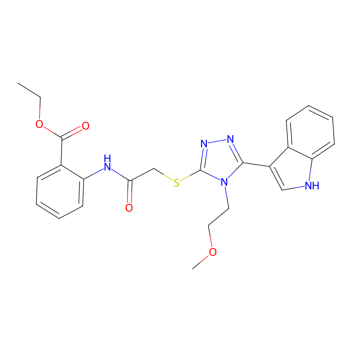 ethyl 2-(2-((5-(1H-indol-3-yl)-4-(2-methoxyethyl)-4H-1,2,4-triazol-3-yl)thio)acetamido)benzoate molecular structure, CAS 852144-91-3