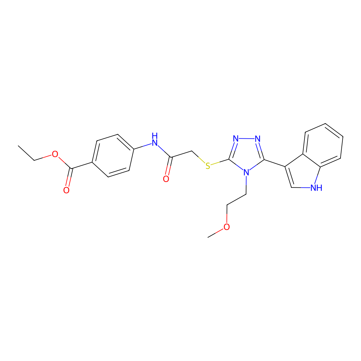 ethyl 4-(2-((5-(1H-indol-3-yl)-4-(2-methoxyethyl)-4H-1,2,4-triazol-3-yl)thio)acetamido)benzoate molecular structure, CAS 852144-92-4