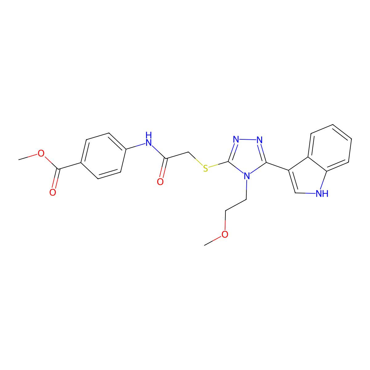 methyl 4-(2-((5-(1H-indol-3-yl)-4-(2-methoxyethyl)-4H-1,2,4-triazol-3-yl)thio)acetamido)benzoate molecular structure, CAS 852144-93-5