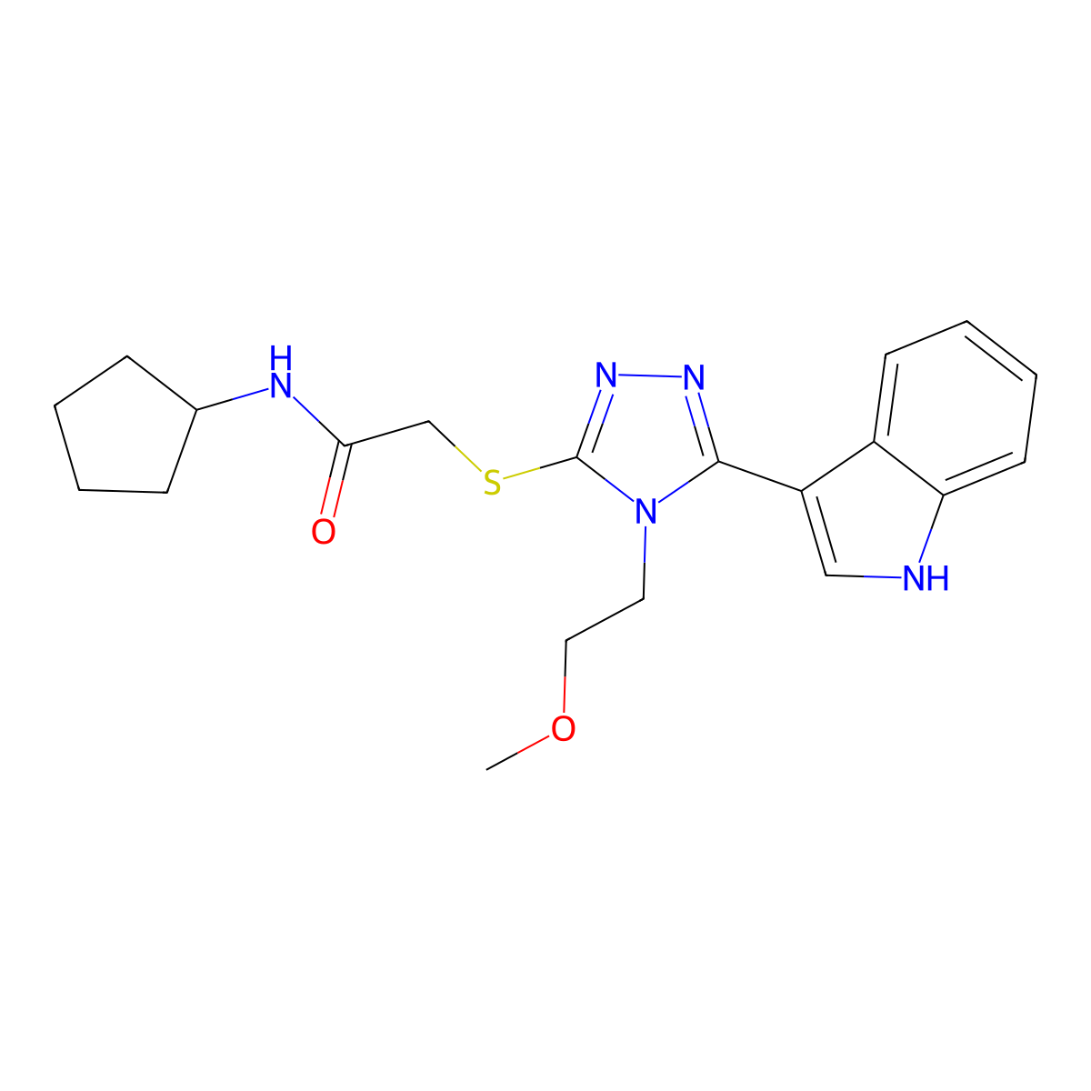 2-((5-(1H-indol-3-yl)-4-(2-methoxyethyl)-4H-1,2,4-triazol-3-yl)thio)-N-cyclopentylacetamide molecular structure, CAS 852144-95-7