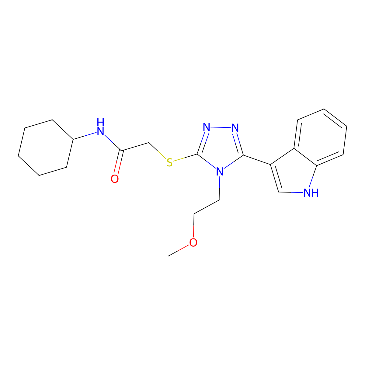 2-((5-(1H-indol-3-yl)-4-(2-methoxyethyl)-4H-1,2,4-triazol-3-yl)thio)-N-cyclohexylacetamide molecular structure, CAS 852144-96-8