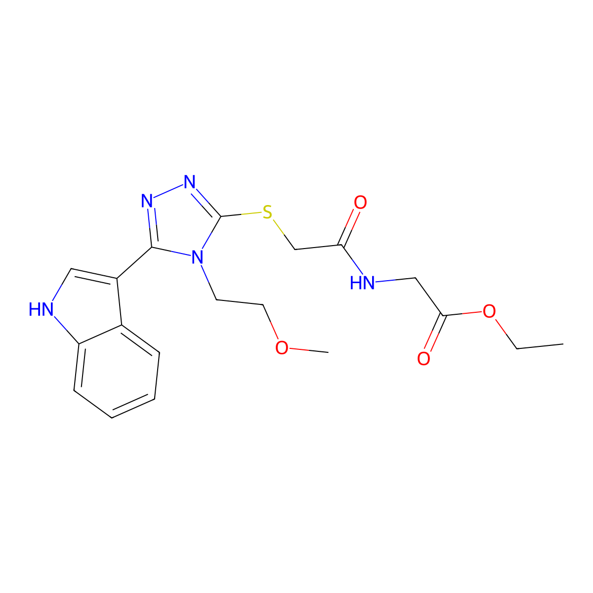 ethyl 2-(2-((5-(1H-indol-3-yl)-4-(2-methoxyethyl)-4H-1,2,4-triazol-3-yl)thio)acetamido)acetate molecular structure, CAS 852144-97-9