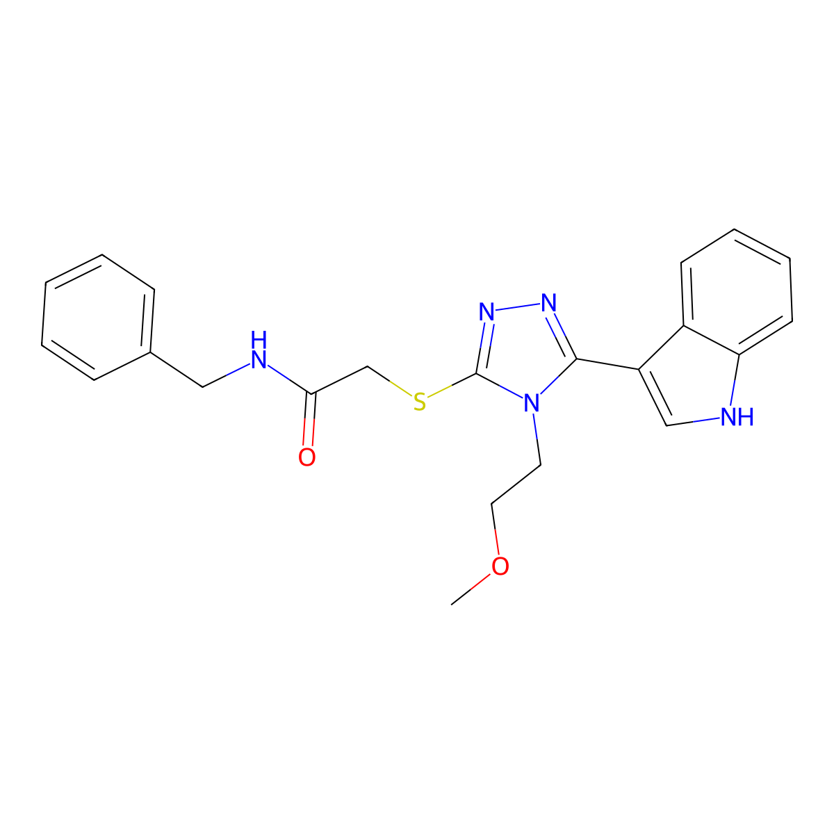 2-((5-(1H-indol-3-yl)-4-(2-methoxyethyl)-4H-1,2,4-triazol-3-yl)thio)-N-benzylacetamide molecular structure, CAS 852144-98-0
