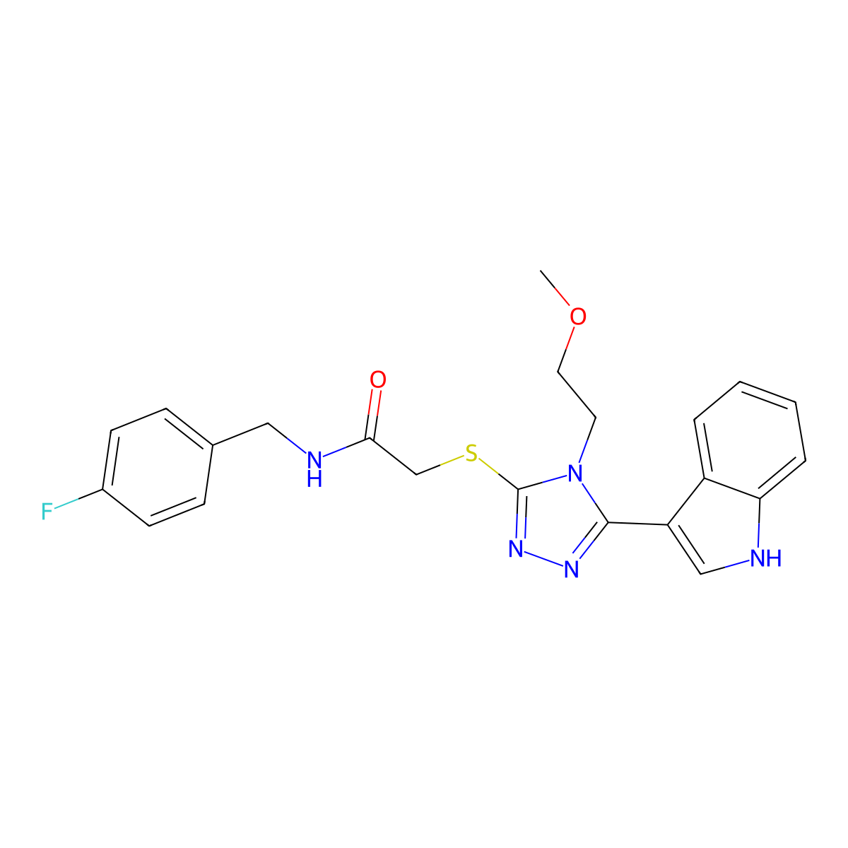 2-((5-(1H-indol-3-yl)-4-(2-methoxyethyl)-4H-1,2,4-triazol-3-yl)thio)-N-(4-fluorobenzyl)acetamide molecular structure, CAS 852144-99-1