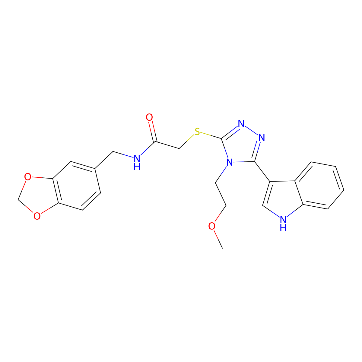 2-((5-(1H-indol-3-yl)-4-(2-methoxyethyl)-4H-1,2,4-triazol-3-yl)thio)-N-(benzo[d][1,3]dioxol-5-ylmethyl)acetamide molecular structure, CAS 852145-00-7