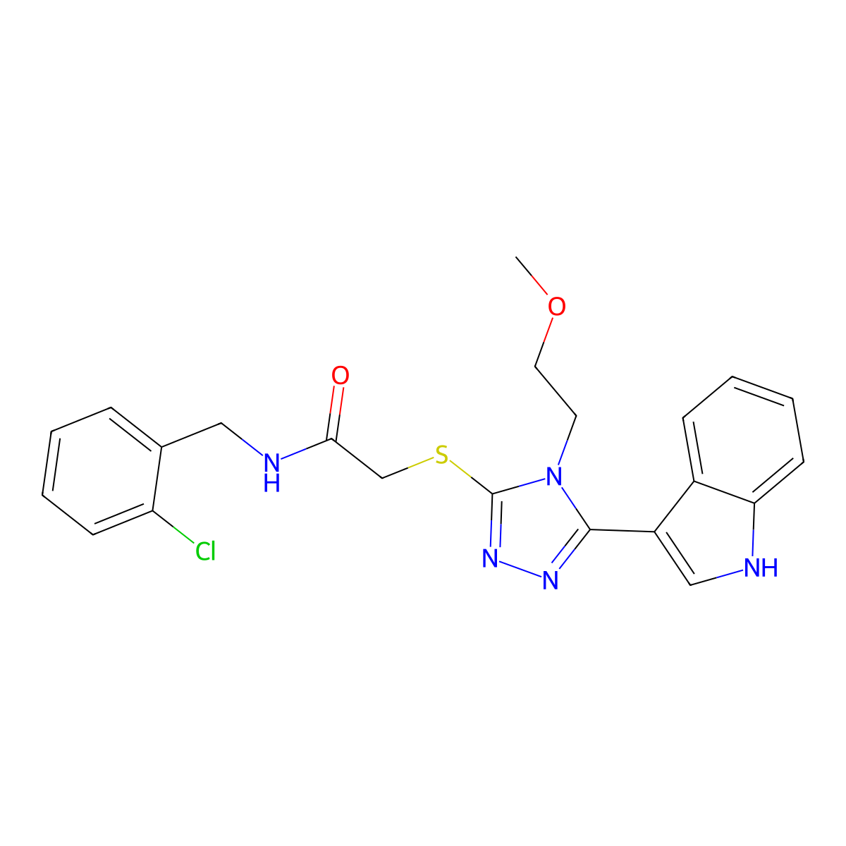 2-((5-(1H-indol-3-yl)-4-(2-methoxyethyl)-4H-1,2,4-triazol-3-yl)thio)-N-(2-chlorobenzyl)acetamide molecular structure, CAS 852145-01-8