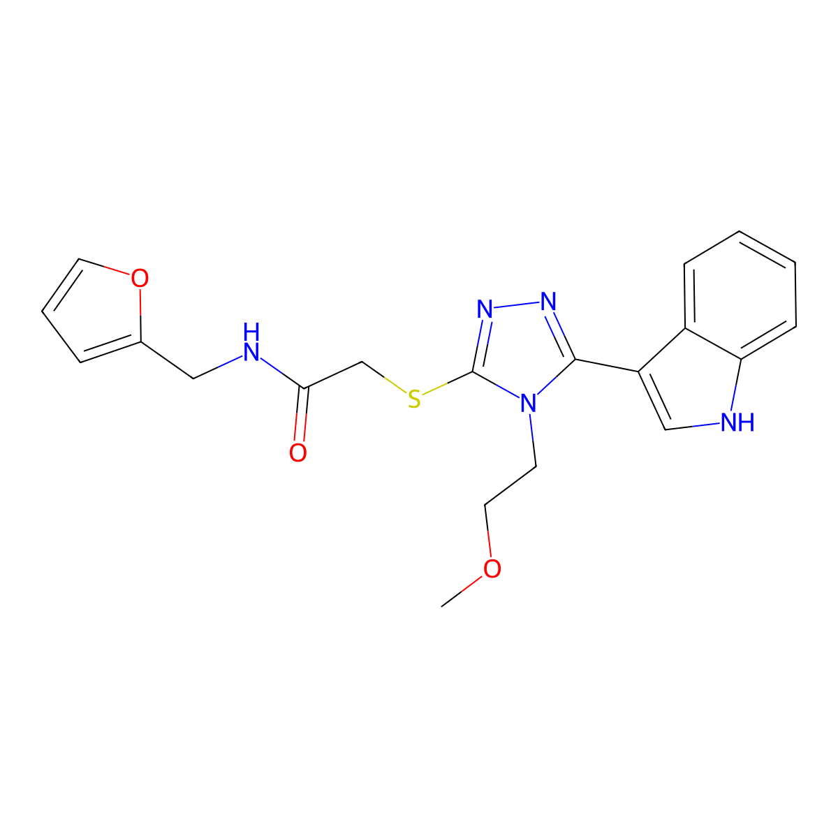 2-((5-(1H-indol-3-yl)-4-(2-methoxyethyl)-4H-1,2,4-triazol-3-yl)thio)-N-(furan-2-ylmethyl)acetamide molecular structure, CAS 852145-02-9