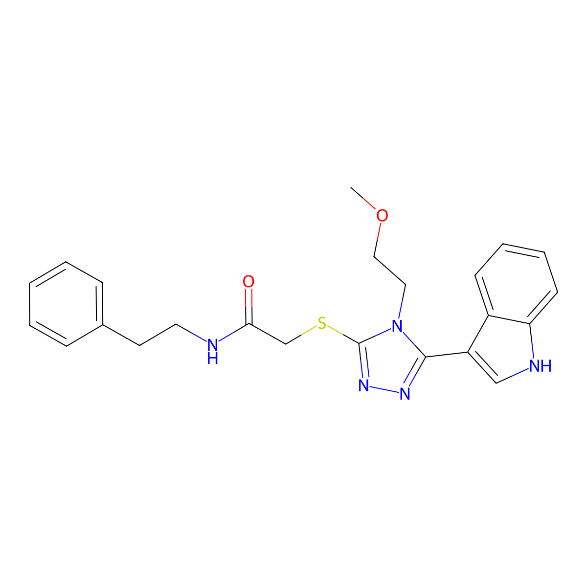 2-((5-(1H-indol-3-yl)-4-(2-methoxyethyl)-4H-1,2,4-triazol-3-yl)thio)-N-phenethylacetamide molecular structure, CAS 852145-04-1
