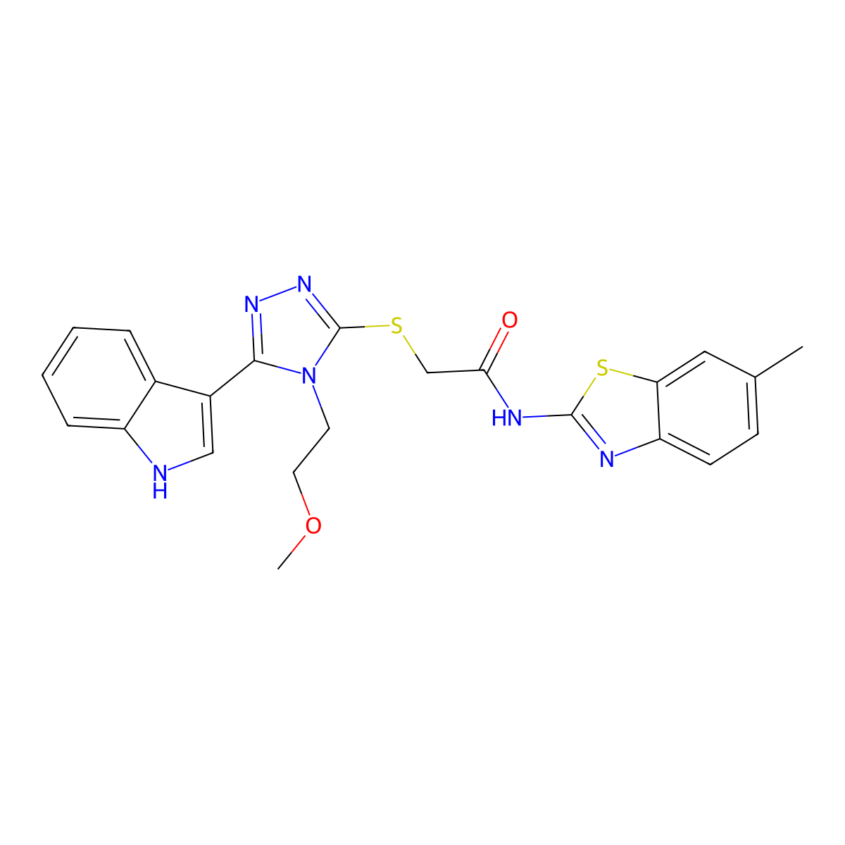 2-((5-(1H-indol-3-yl)-4-(2-methoxyethyl)-4H-1,2,4-triazol-3-yl)thio)-N-(6-methylbenzo[d]thiazol-2-yl)acetamide molecular structure, CAS 852145-05-2