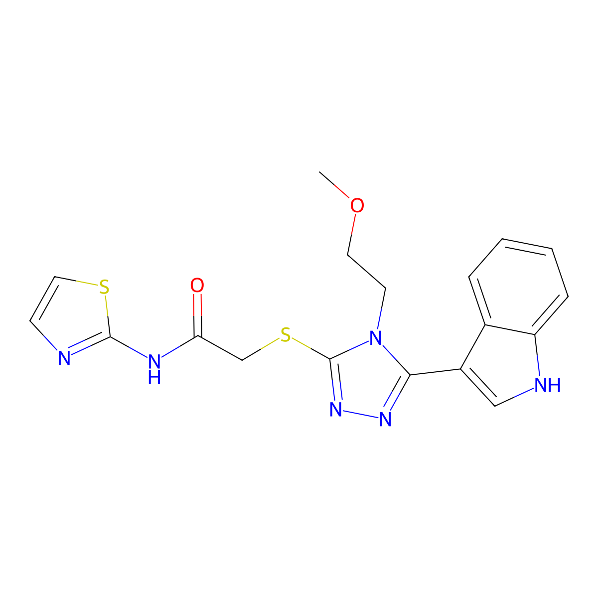 2-((5-(1H-indol-3-yl)-4-(2-methoxyethyl)-4H-1,2,4-triazol-3-yl)thio)-N-(thiazol-2-yl)acetamide molecular structure, CAS 852145-06-3