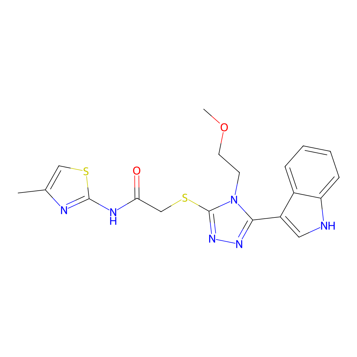 2-((5-(1H-indol-3-yl)-4-(2-methoxyethyl)-4H-1,2,4-triazol-3-yl)thio)-N-(4-methylthiazol-2-yl)acetamide molecular structure, CAS 852145-07-4