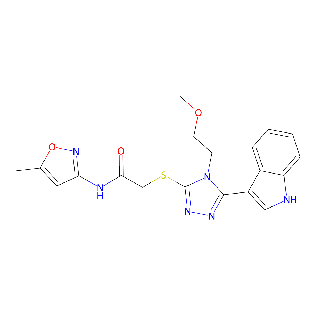 2-((5-(1H-indol-3-yl)-4-(2-methoxyethyl)-4H-1,2,4-triazol-3-yl)thio)-N-(5-methylisoxazol-3-yl)acetamide molecular structure, CAS 852145-10-9