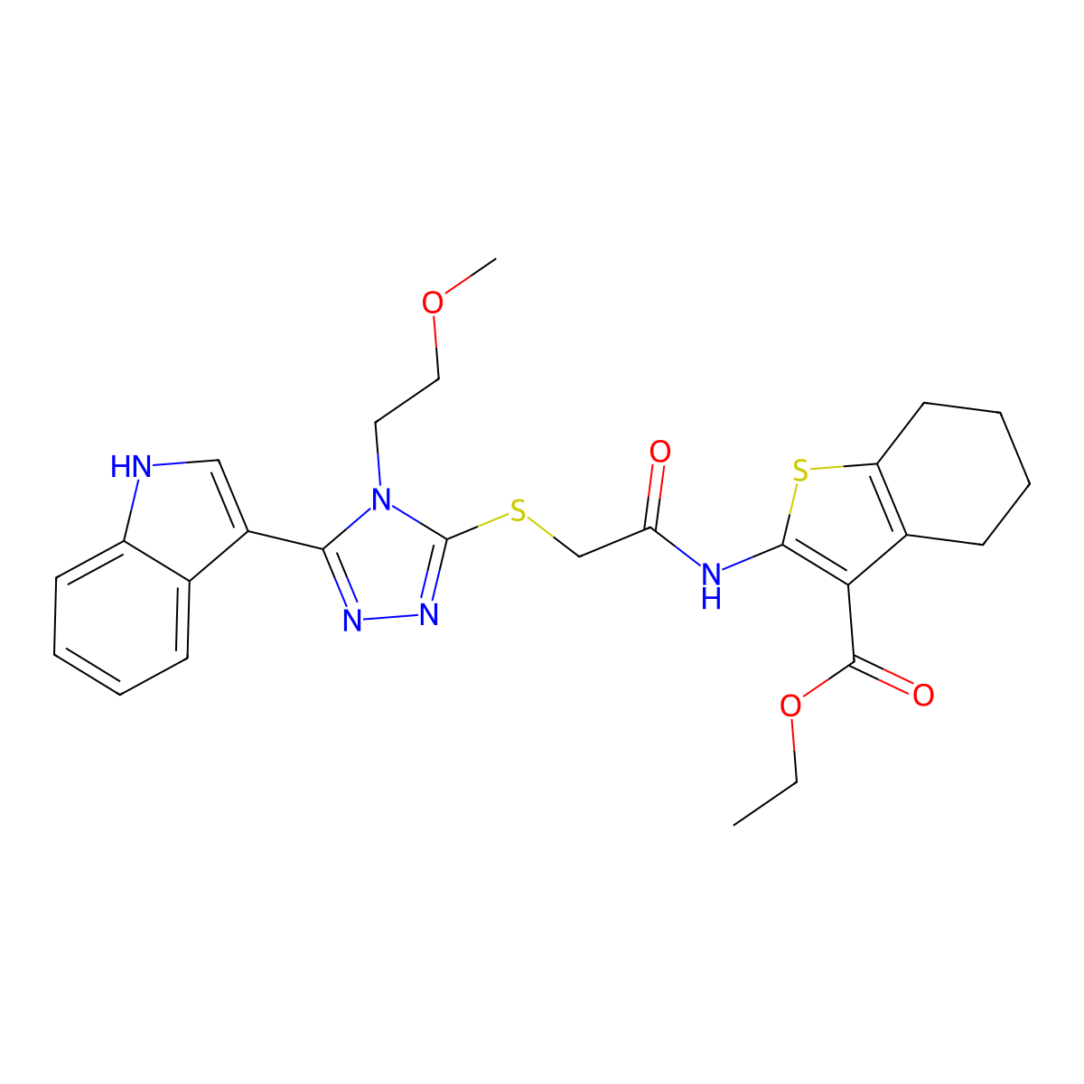ethyl 2-(2-((5-(1H-indol-3-yl)-4-(2-methoxyethyl)-4H-1,2,4-triazol-3-yl)thio)acetamido)-4,5,6,7-tetrahydrobenzo[b]thiophene-3-carboxylate molecular structure, CAS 852145-11-0