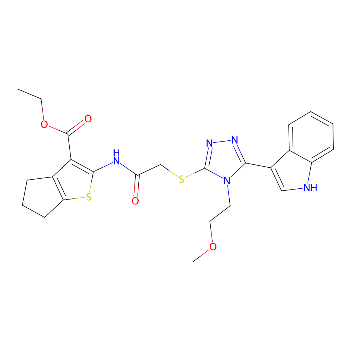 ethyl 2-(2-((5-(1H-indol-3-yl)-4-(2-methoxyethyl)-4H-1,2,4-triazol-3-yl)thio)acetamido)-5,6-dihydro-4H-cyclopenta[b]thiophene-3-carboxylate molecular structure, CAS 852145-12-1