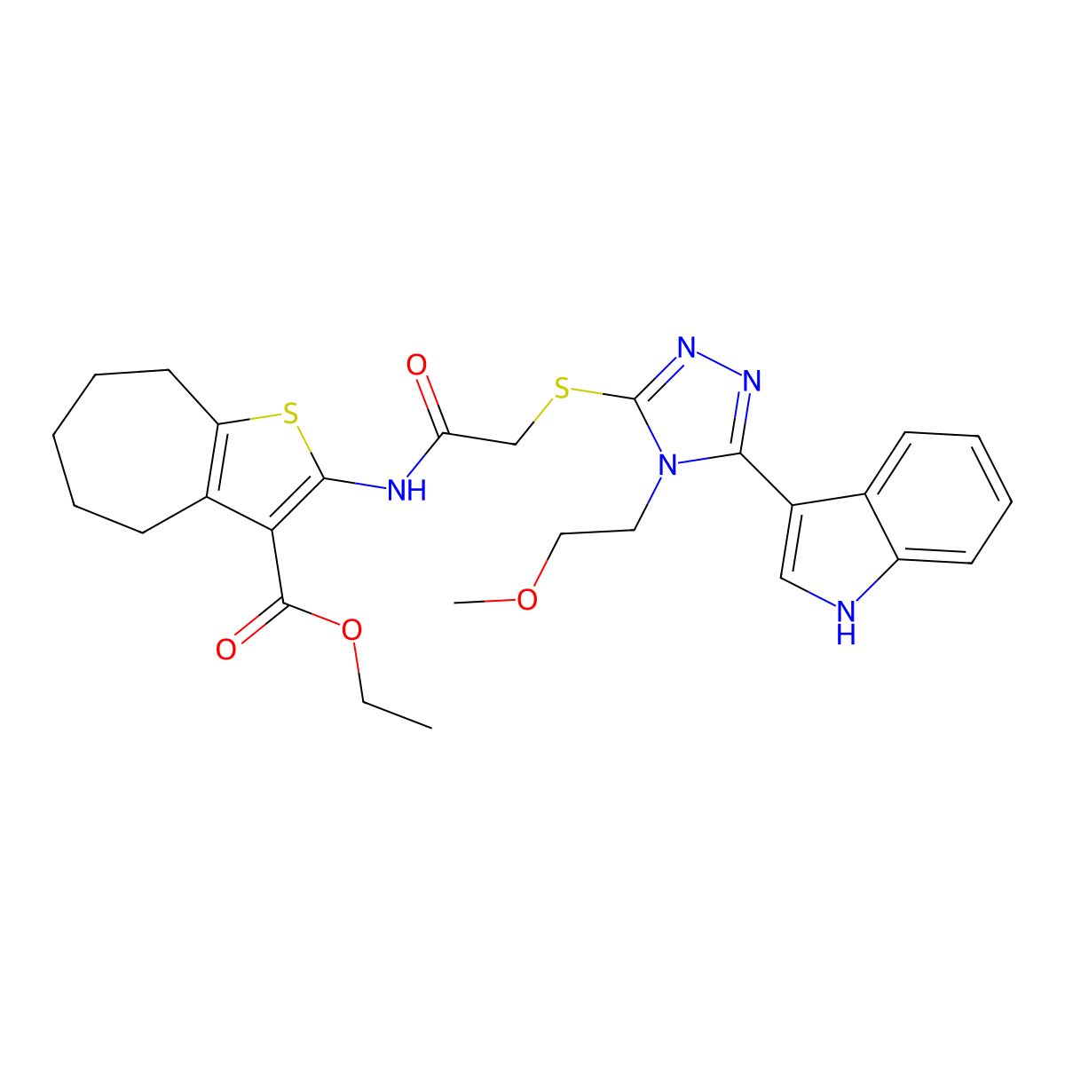ethyl 2-[[2-[[(5E)-5-indol-3-ylidene-4-(2-methoxyethyl)-1H-1,2,4-triazol-3-yl]sulfanyl]acetyl]amino]-5,6,7,8-tetrahydro-4H-cyclohepta[b]thiophene-3-carboxylate molecular structure, CAS 852145-13-2