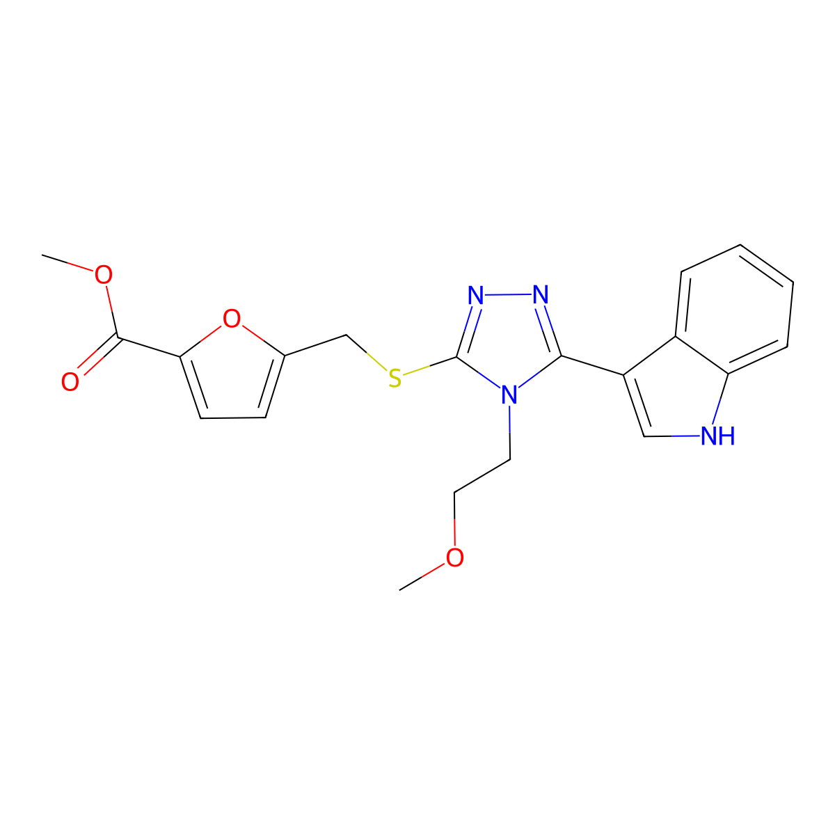 methyl 5-(((5-(1H-indol-3-yl)-4-(2-methoxyethyl)-4H-1,2,4-triazol-3-yl)thio)methyl)furan-2-carboxylate molecular structure, CAS 852145-21-2