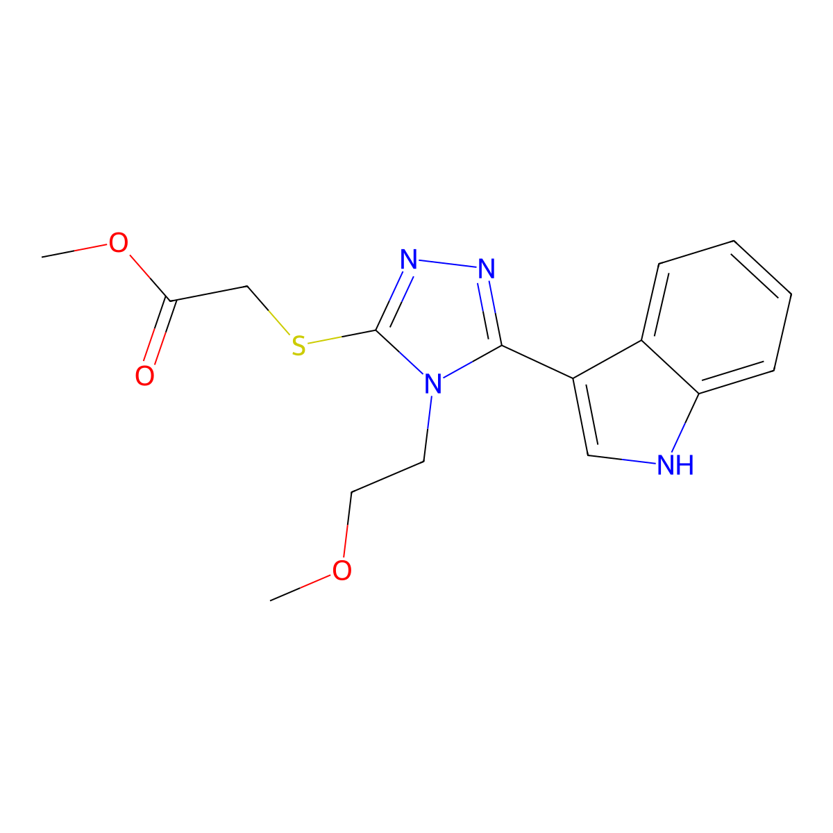 methyl 2-((5-(1H-indol-3-yl)-4-(2-methoxyethyl)-4H-1,2,4-triazol-3-yl)thio)acetate molecular structure, CAS 852145-25-6