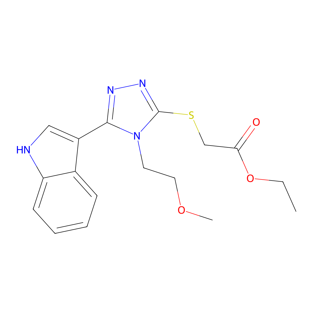 ethyl 2-((5-(1H-indol-3-yl)-4-(2-methoxyethyl)-4H-1,2,4-triazol-3-yl)thio)acetate molecular structure, CAS 852145-26-7