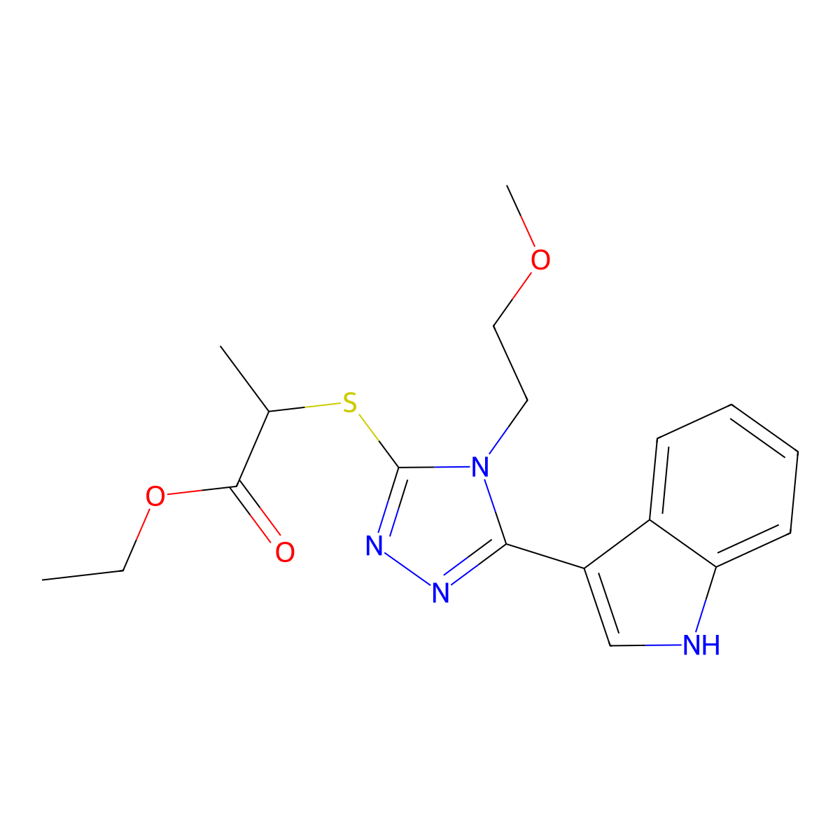ethyl 2-((5-(1H-indol-3-yl)-4-(2-methoxyethyl)-4H-1,2,4-triazol-3-yl)thio)propanoate molecular structure, CAS 852145-27-8