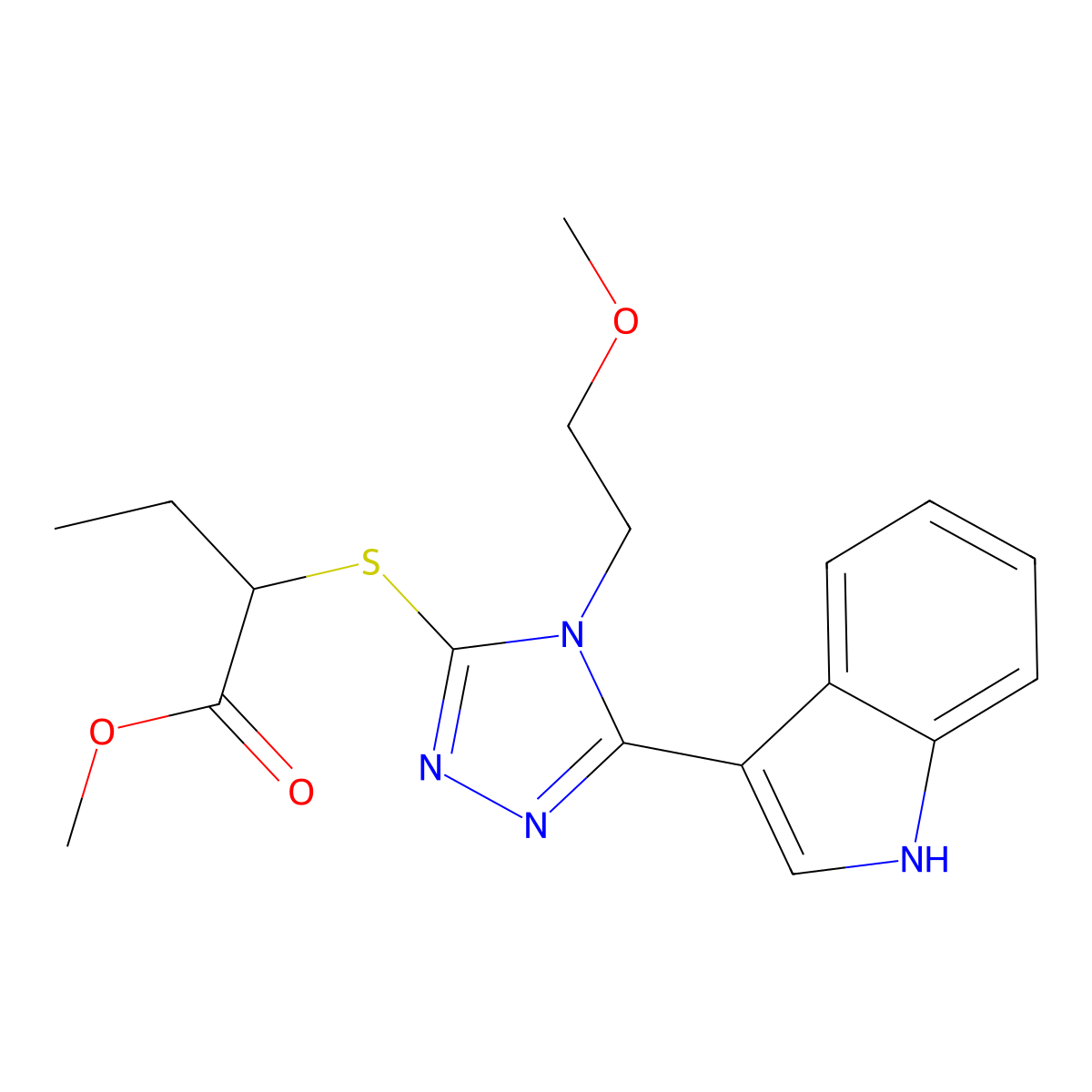 methyl 2-((5-(1H-indol-3-yl)-4-(2-methoxyethyl)-4H-1,2,4-triazol-3-yl)thio)butanoate molecular structure, CAS 852145-29-0