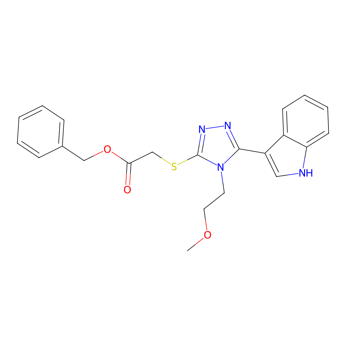 benzyl 2-((5-(1H-indol-3-yl)-4-(2-methoxyethyl)-4H-1,2,4-triazol-3-yl)thio)acetate molecular structure, CAS 852145-31-4