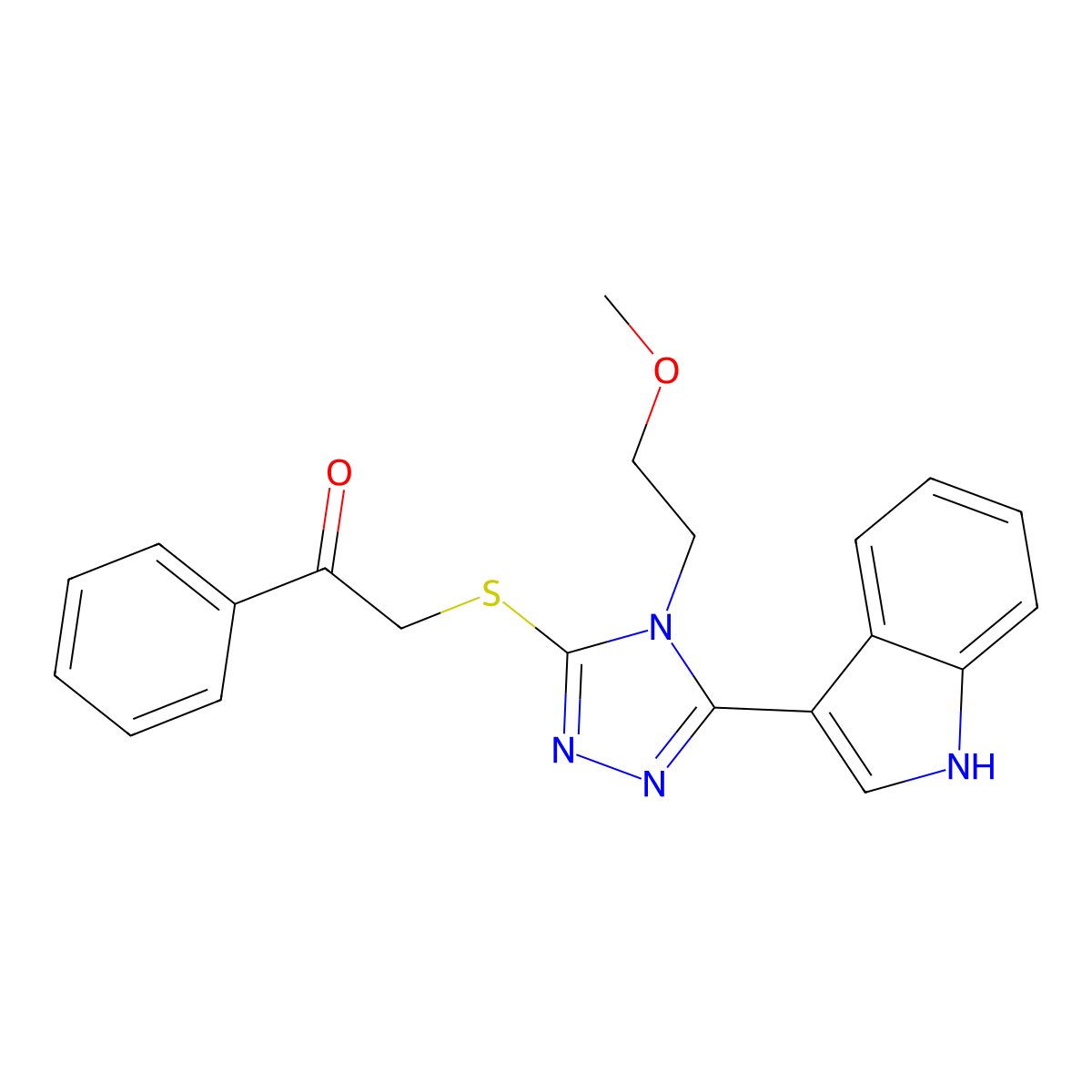 2-((5-(1H-indol-3-yl)-4-(2-methoxyethyl)-4H-1,2,4-triazol-3-yl)thio)-1-phenylethanone molecular structure, CAS 852145-33-6