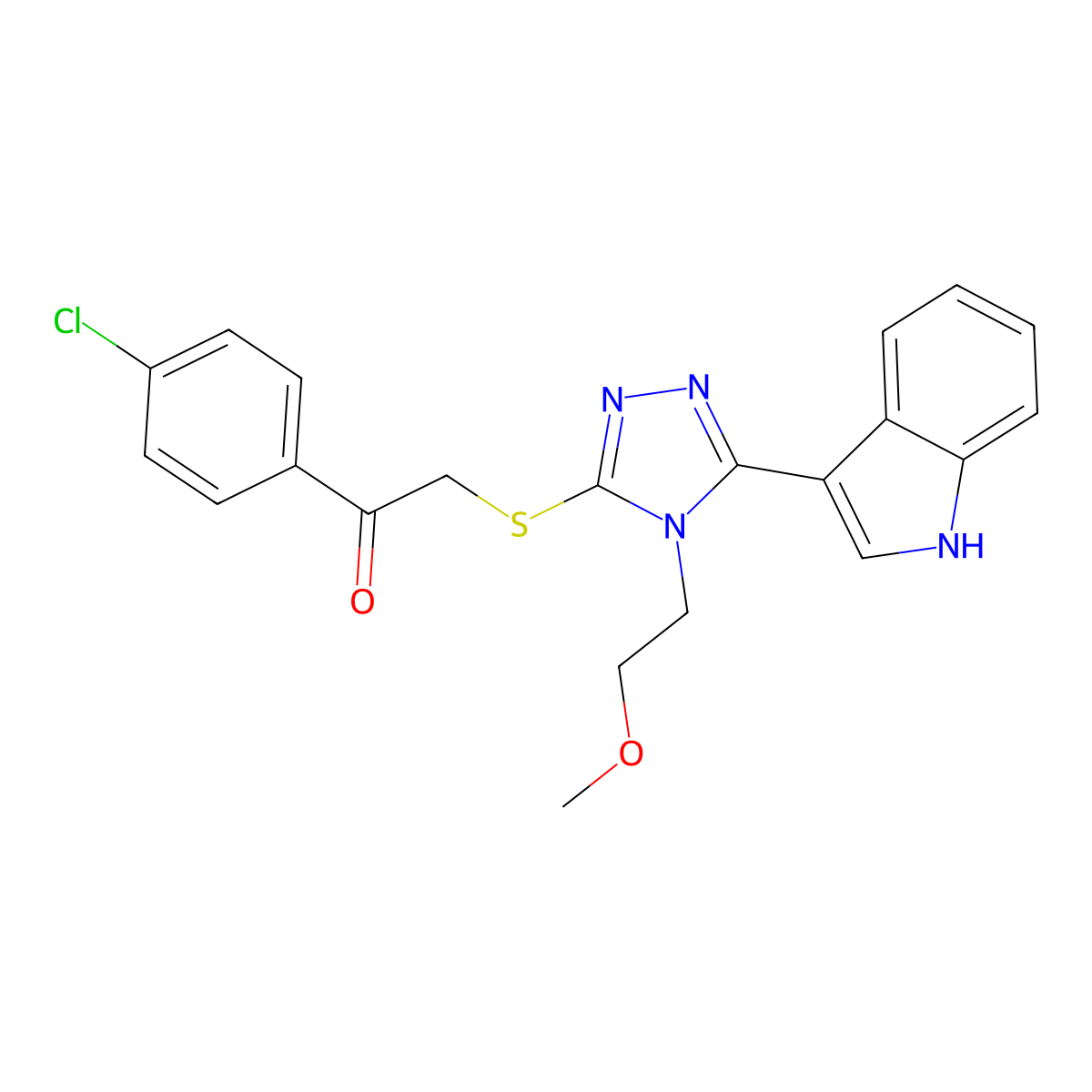 2-((5-(1H-indol-3-yl)-4-(2-methoxyethyl)-4H-1,2,4-triazol-3-yl)thio)-1-(4-chlorophenyl)ethanone molecular structure, CAS 852145-34-7