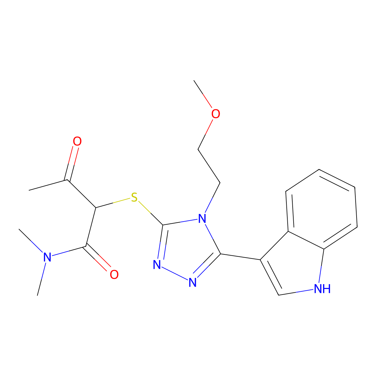 2-((5-(1H-indol-3-yl)-4-(2-methoxyethyl)-4H-1,2,4-triazol-3-yl)thio)-N,N-dimethyl-3-oxobutanamide molecular structure, CAS 852145-35-8