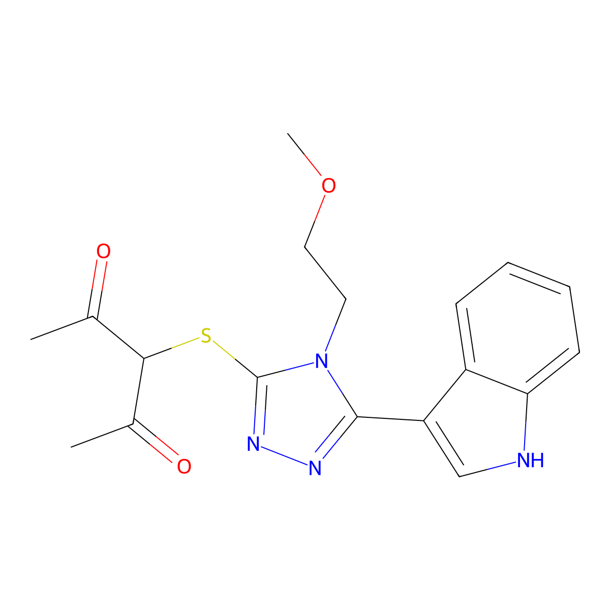 3-((5-(1H-indol-3-yl)-4-(2-methoxyethyl)-4H-1,2,4-triazol-3-yl)thio)pentane-2,4-dione molecular structure, CAS 852145-36-9