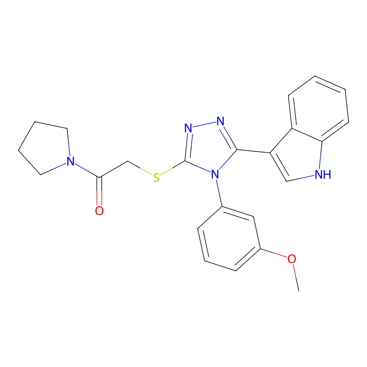 2-((5-(1H-indol-3-yl)-4-(3-methoxyphenyl)-4H-1,2,4-triazol-3-yl)thio)-1-(pyrrolidin-1-yl)ethanone molecular structure, CAS 852145-39-2