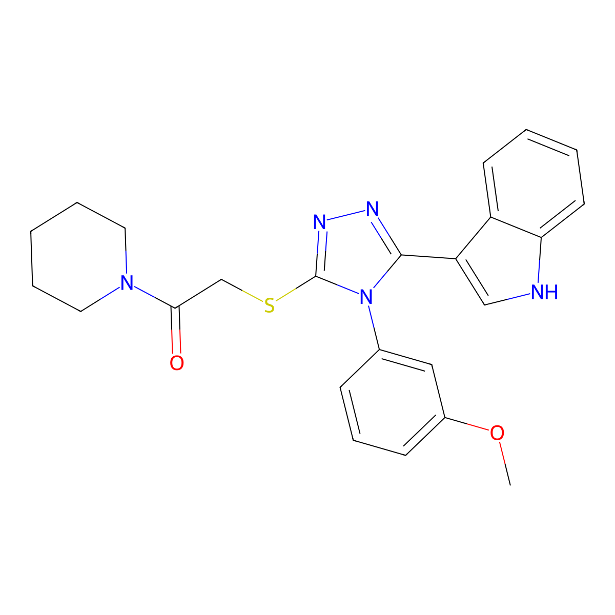 2-((5-(1H-indol-3-yl)-4-(3-methoxyphenyl)-4H-1,2,4-triazol-3-yl)thio)-1-(piperidin-1-yl)ethanone molecular structure, CAS 852145-40-5