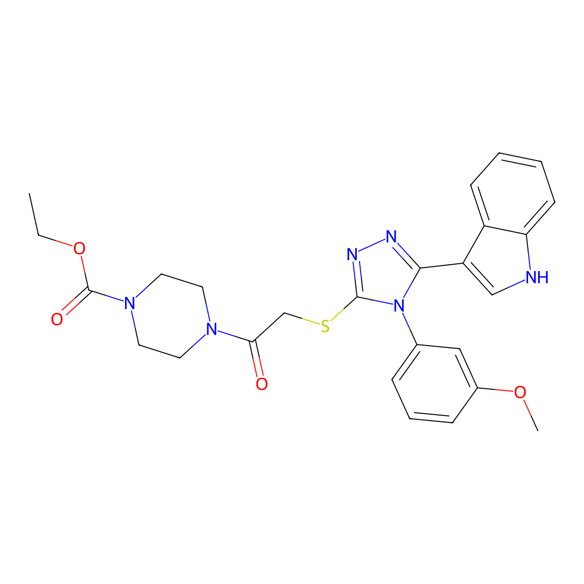 ethyl 4-(2-((5-(1H-indol-3-yl)-4-(3-methoxyphenyl)-4H-1,2,4-triazol-3-yl)thio)acetyl)piperazine-1-carboxylate molecular structure, CAS 852145-44-9