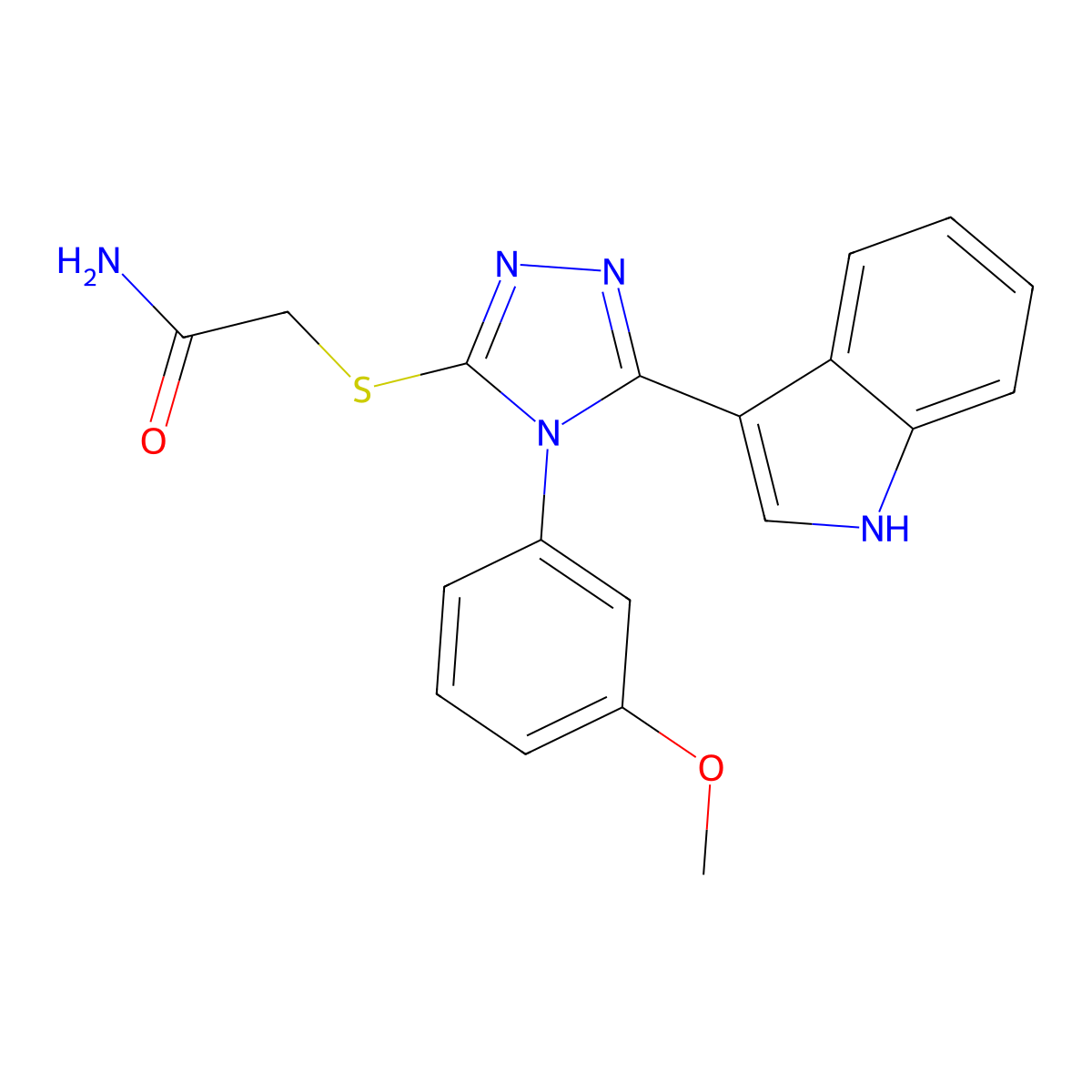 2-((5-(1H-indol-3-yl)-4-(3-methoxyphenyl)-4H-1,2,4-triazol-3-yl)thio)acetamide molecular structure, CAS 852145-45-0