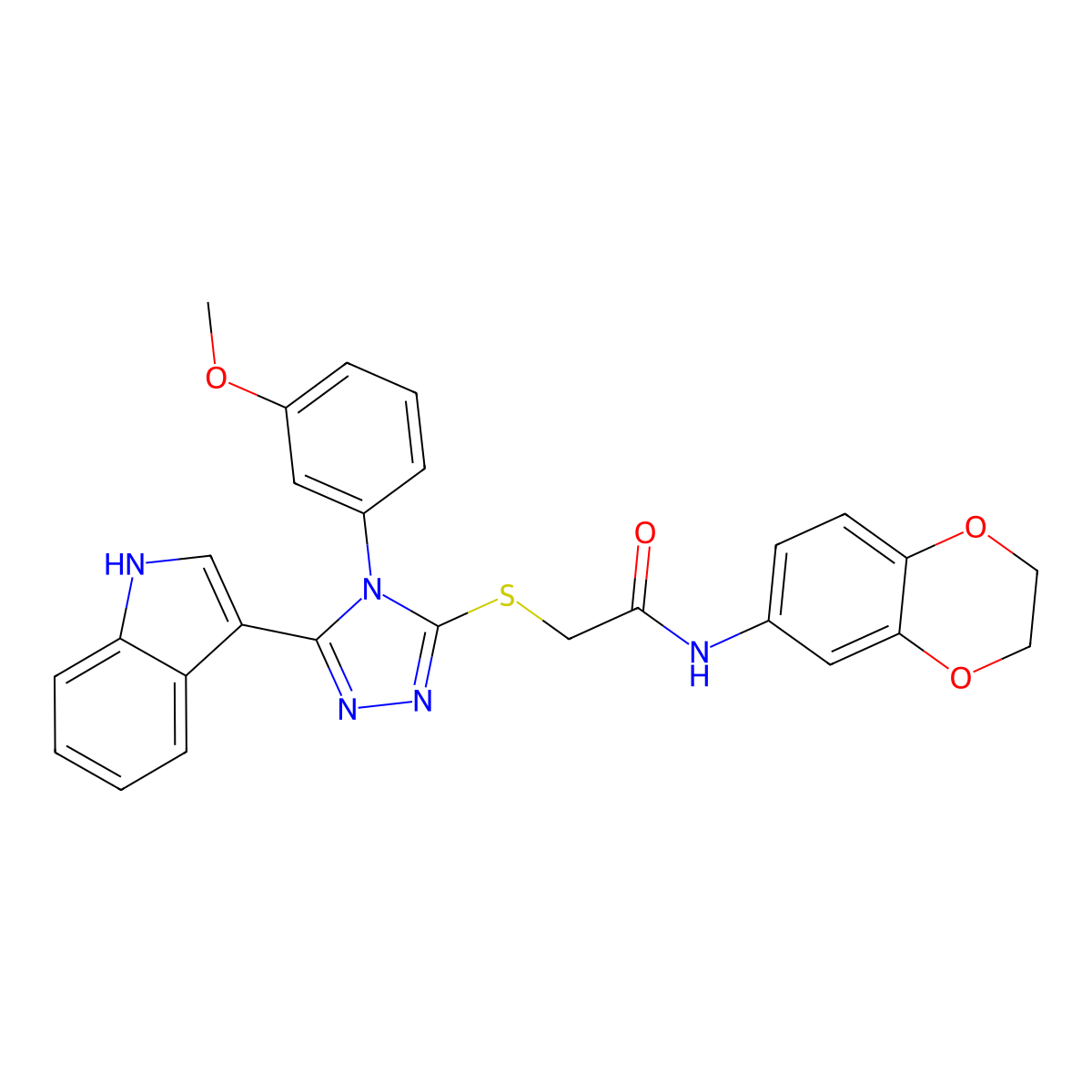 2-((5-(1H-indol-3-yl)-4-(3-methoxyphenyl)-4H-1,2,4-triazol-3-yl)thio)-N-(2,3-dihydrobenzo[b][1,4]dioxin-6-yl)acetamide molecular structure, CAS 852145-48-3