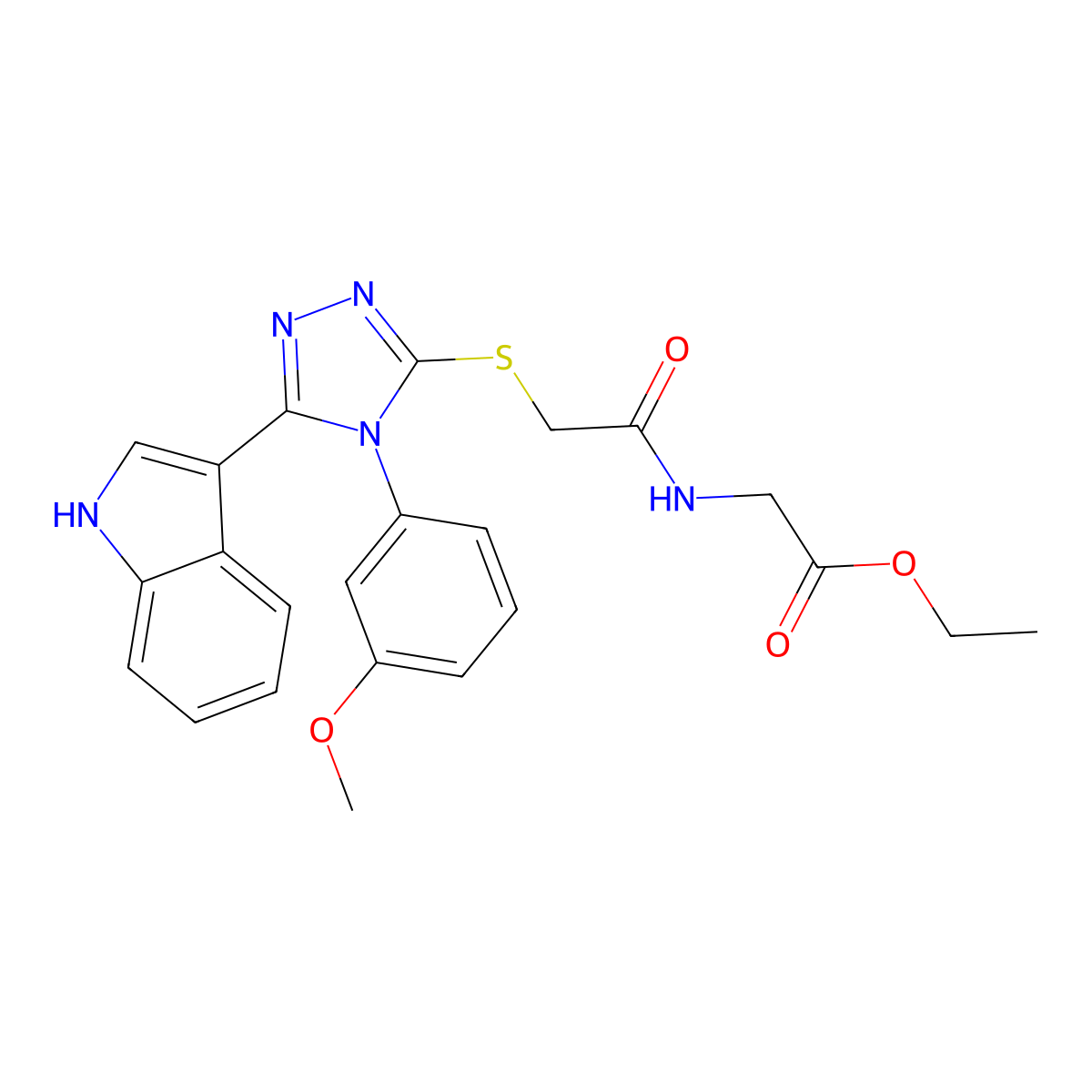 ethyl 2-(2-((5-(1H-indol-3-yl)-4-(3-methoxyphenyl)-4H-1,2,4-triazol-3-yl)thio)acetamido)acetate molecular structure, CAS 852145-49-4