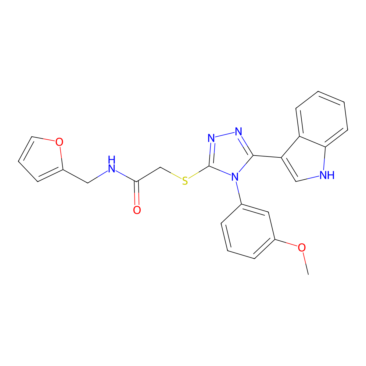 2-((5-(1H-indol-3-yl)-4-(3-methoxyphenyl)-4H-1,2,4-triazol-3-yl)thio)-N-(furan-2-ylmethyl)acetamide molecular structure, CAS 852145-50-7