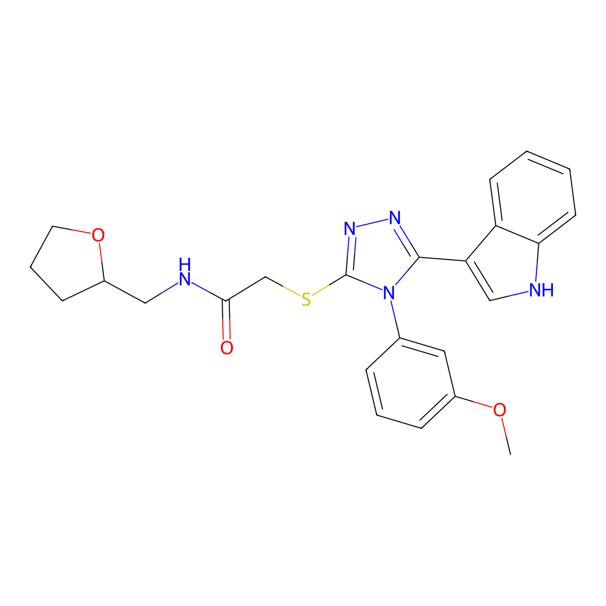 2-((5-(1H-indol-3-yl)-4-(3-methoxyphenyl)-4H-1,2,4-triazol-3-yl)thio)-N-((tetrahydrofuran-2-yl)methyl)acetamide molecular structure, CAS 852145-51-8