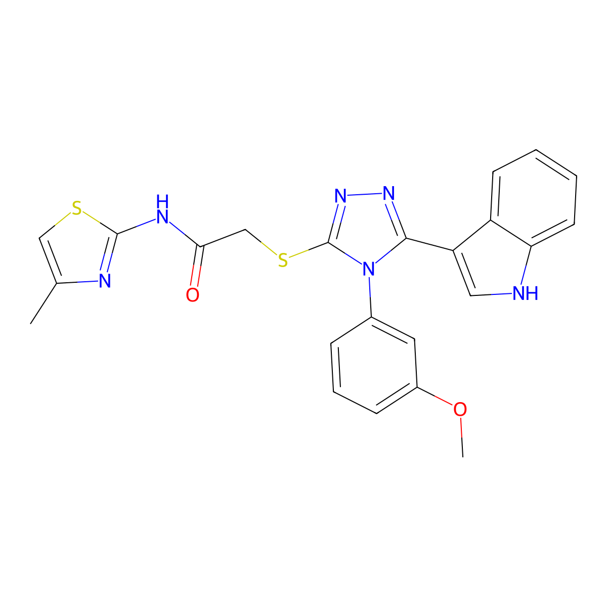 2-((5-(1H-indol-3-yl)-4-(3-methoxyphenyl)-4H-1,2,4-triazol-3-yl)thio)-N-(4-methylthiazol-2-yl)acetamide molecular structure, CAS 852145-53-0