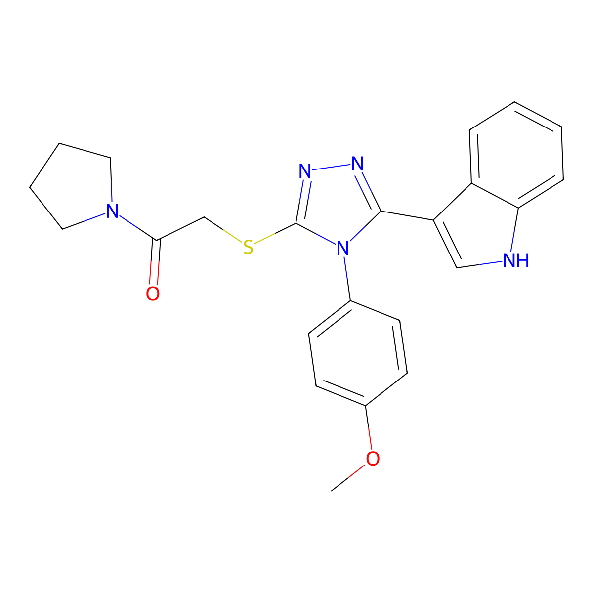 2-((5-(1H-indol-3-yl)-4-(4-methoxyphenyl)-4H-1,2,4-triazol-3-yl)thio)-1-(pyrrolidin-1-yl)ethanone molecular structure, CAS 852145-61-0