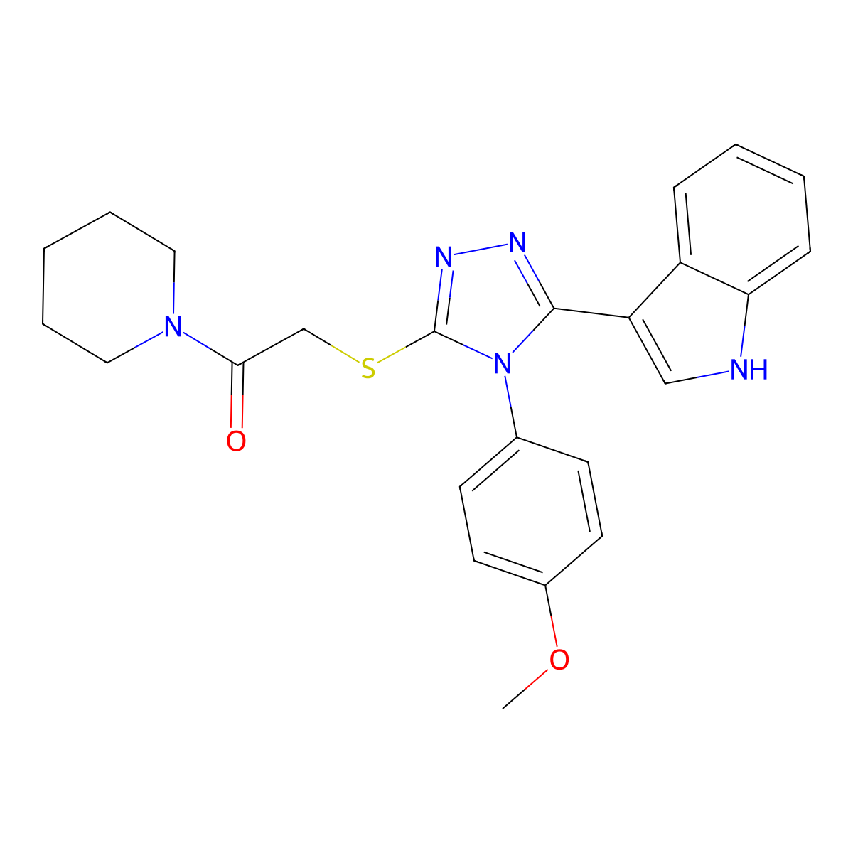 2-((5-(1H-indol-3-yl)-4-(4-methoxyphenyl)-4H-1,2,4-triazol-3-yl)thio)-1-(piperidin-1-yl)ethanone molecular structure, CAS 852145-62-1