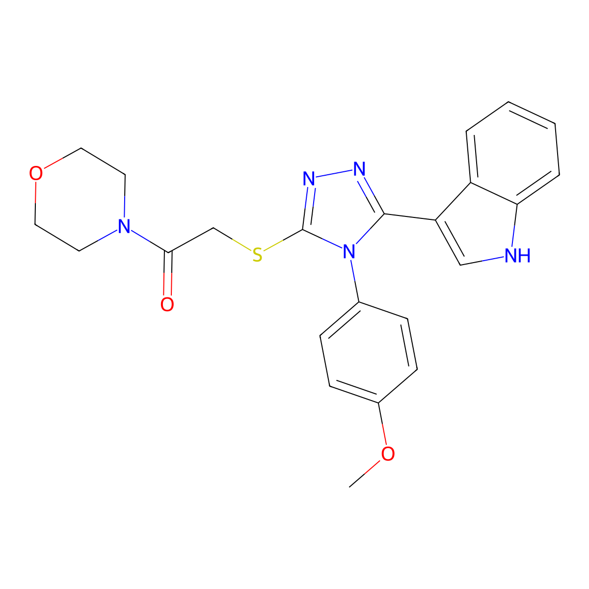 2-((5-(1H-indol-3-yl)-4-(4-methoxyphenyl)-4H-1,2,4-triazol-3-yl)thio)-1-morpholinoethanone molecular structure, CAS 852145-63-2