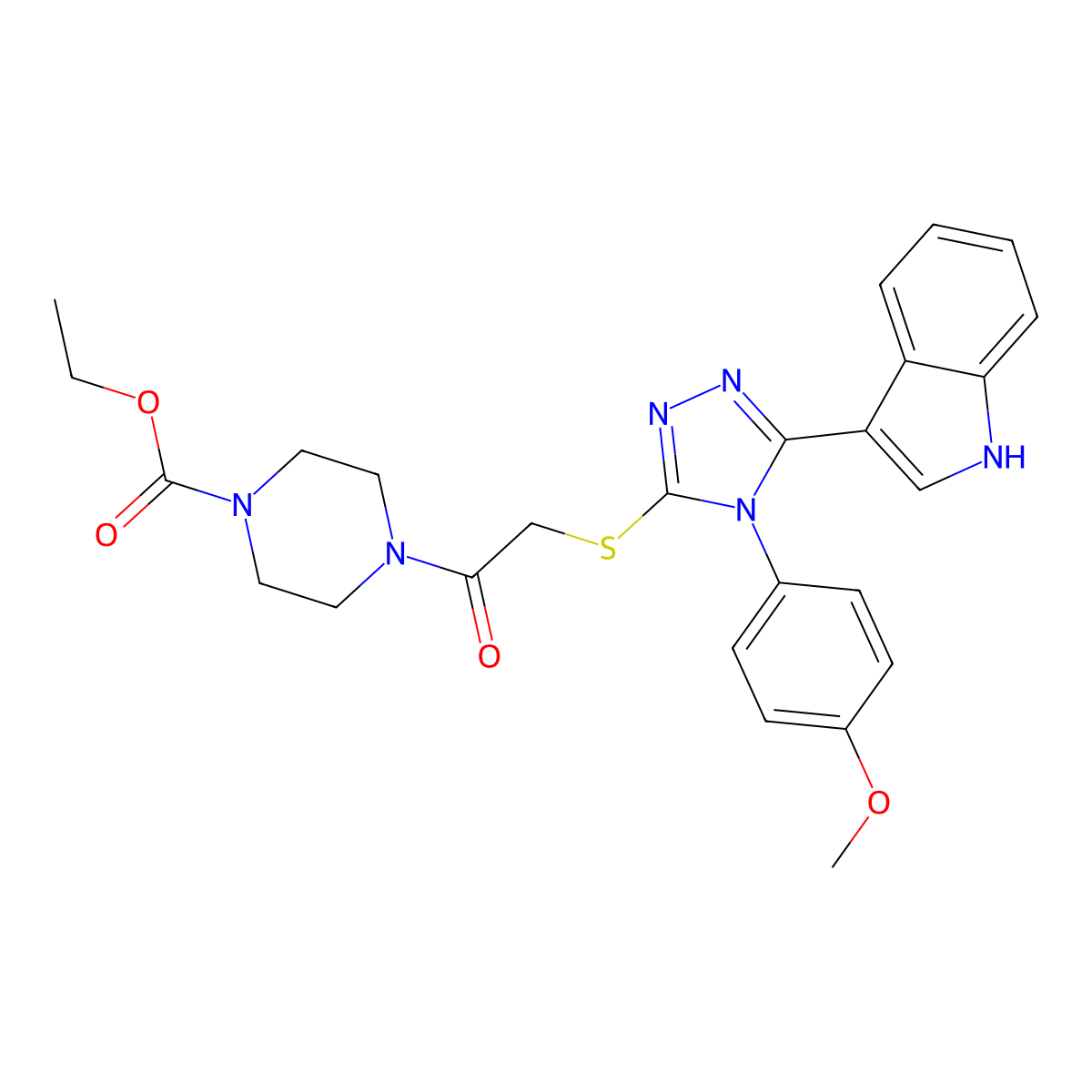 ethyl 4-(2-((5-(1H-indol-3-yl)-4-(4-methoxyphenyl)-4H-1,2,4-triazol-3-yl)thio)acetyl)piperazine-1-carboxylate molecular structure, CAS 852145-65-4