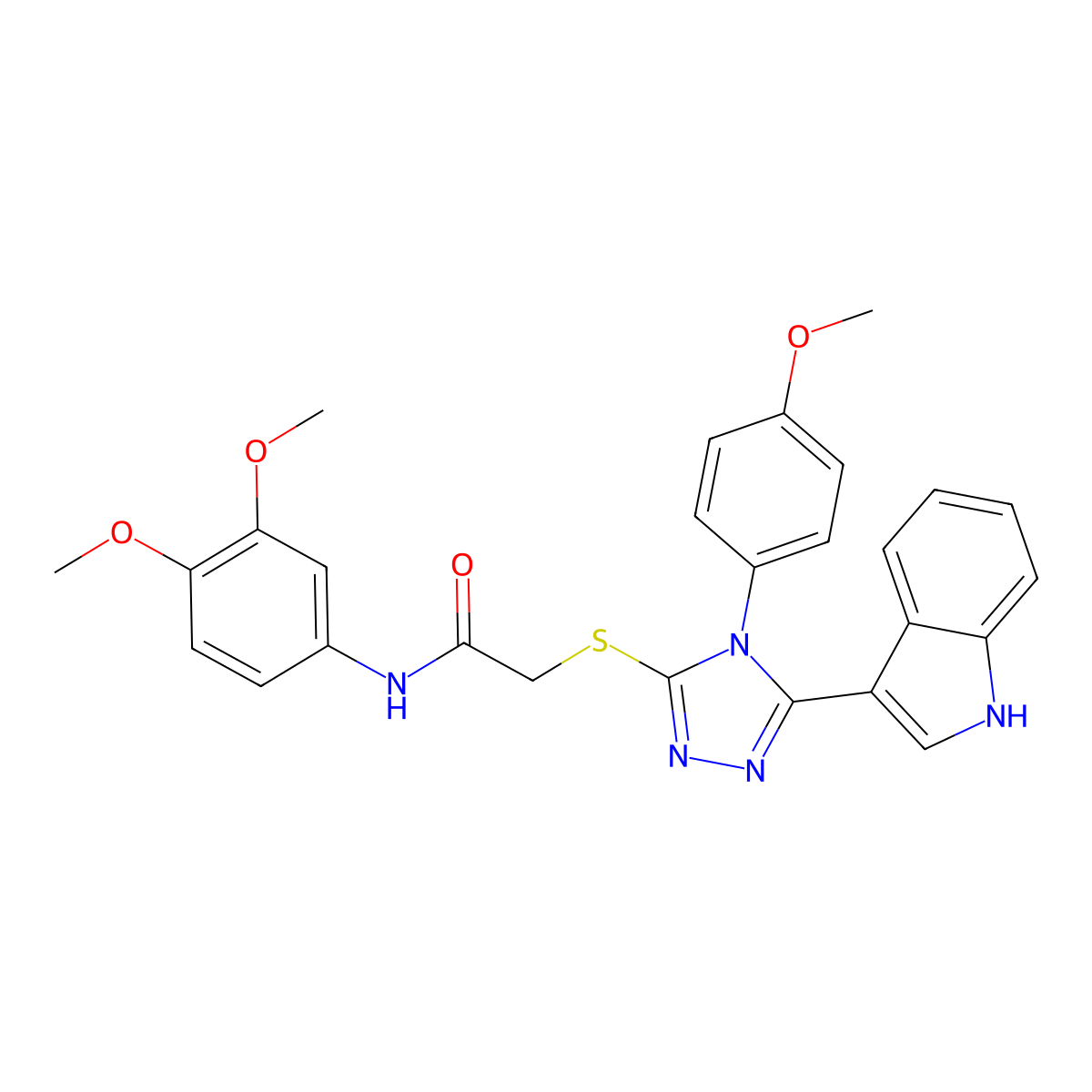 2-((5-(1H-indol-3-yl)-4-(4-methoxyphenyl)-4H-1,2,4-triazol-3-yl)thio)-N-(3,4-dimethoxyphenyl)acetamide molecular structure, CAS 852145-67-6