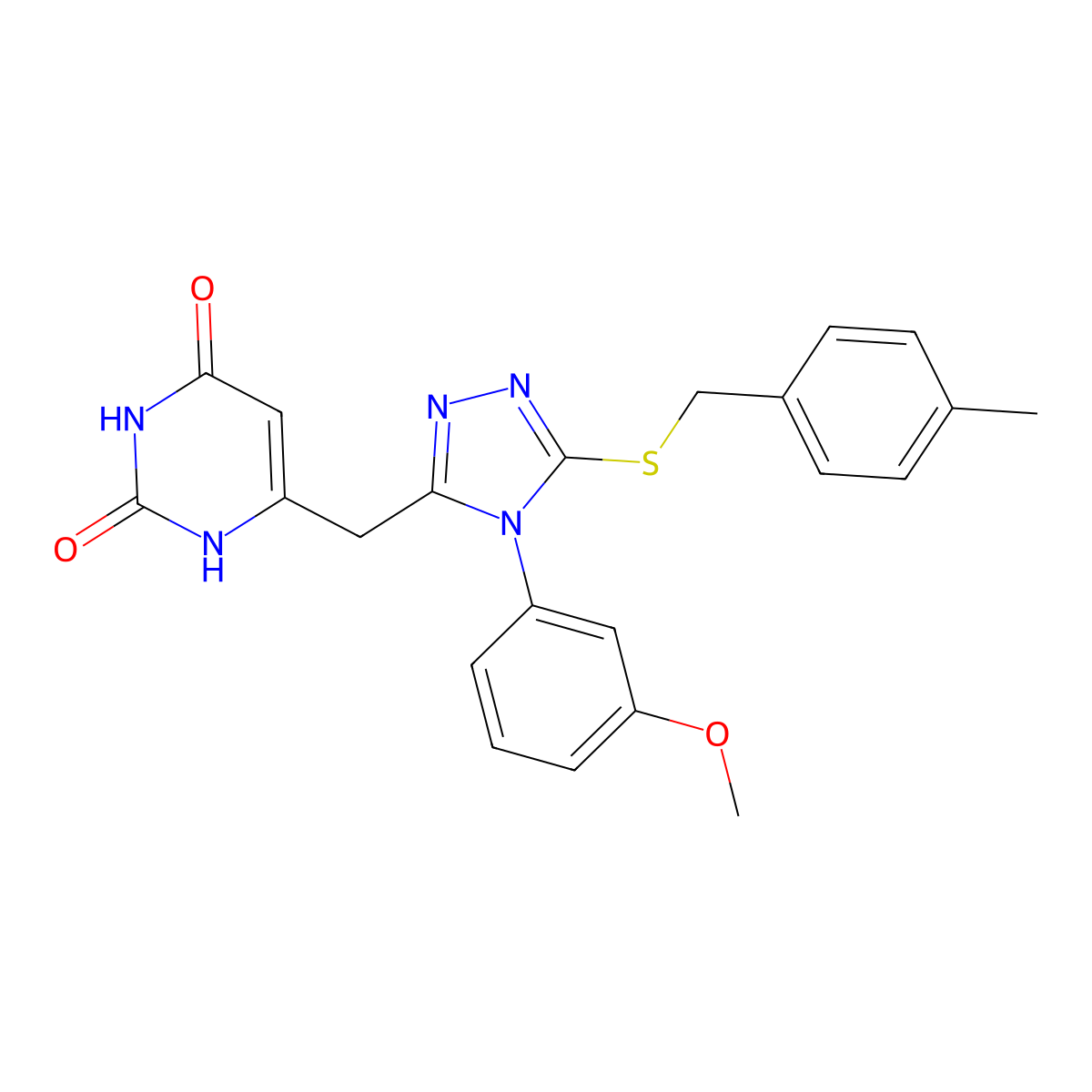 6-((4-(3-methoxyphenyl)-5-((4-methylbenzyl)thio)-4H-1,2,4-triazol-3-yl)methyl)pyrimidine-2,4(1H,3H)-dione molecular structure, CAS 852152-63-7