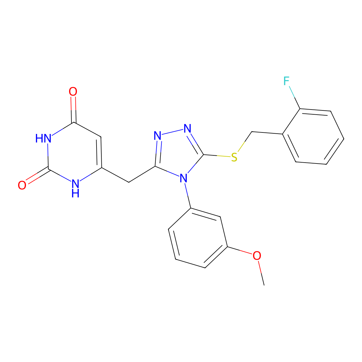 6-[[5-[(2-fluorophenyl)methylsulfanyl]-4-(3-methoxyphenyl)-1,2,4-triazol-3-yl]methyl]-1H-pyrimidine-2,4-dione molecular structure, CAS 852152-64-8