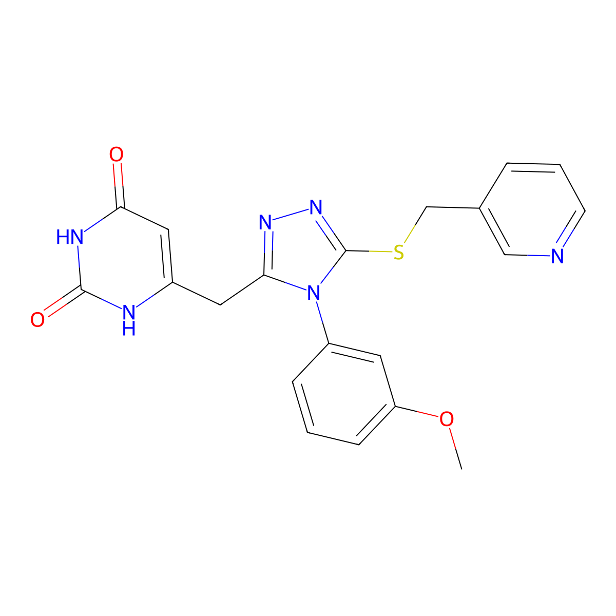 6-((4-(3-methoxyphenyl)-5-((pyridin-3-ylmethyl)thio)-4H-1,2,4-triazol-3-yl)methyl)pyrimidine-2,4(1H,3H)-dione molecular structure, CAS 852152-65-9