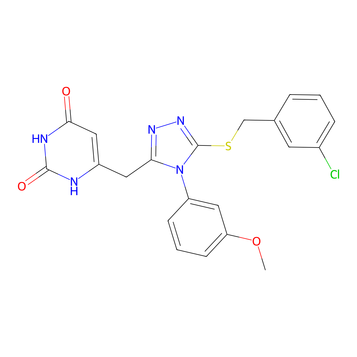6-[[5-[(3-chlorophenyl)methylsulfanyl]-4-(3-methoxyphenyl)-1,2,4-triazol-3-yl]methyl]-1H-pyrimidine-2,4-dione molecular structure, CAS 852152-66-0