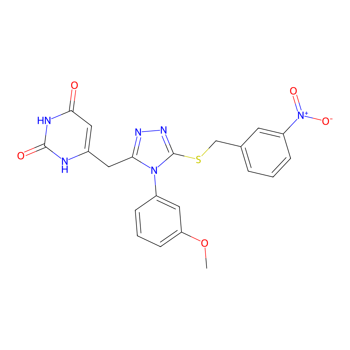 6-((4-(3-methoxyphenyl)-5-((3-nitrobenzyl)thio)-4H-1,2,4-triazol-3-yl)methyl)pyrimidine-2,4(1H,3H)-dione molecular structure, CAS 852152-67-1