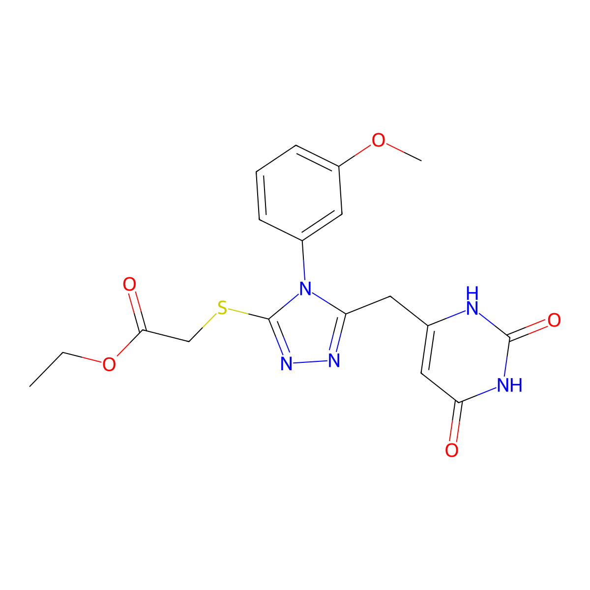 ethyl 2-[[5-[(2,4-dioxo-1H-pyrimidin-6-yl)methyl]-4-(3-methoxyphenyl)-1,2,4-triazol-3-yl]sulfanyl]acetate molecular structure, CAS 852152-69-3