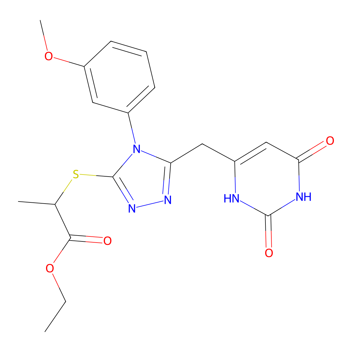 ethyl 2-((5-((2,6-dioxo-1,2,3,6-tetrahydropyrimidin-4-yl)methyl)-4-(3-methoxyphenyl)-4H-1,2,4-triazol-3-yl)thio)propanoate molecular structure, CAS 852152-70-6